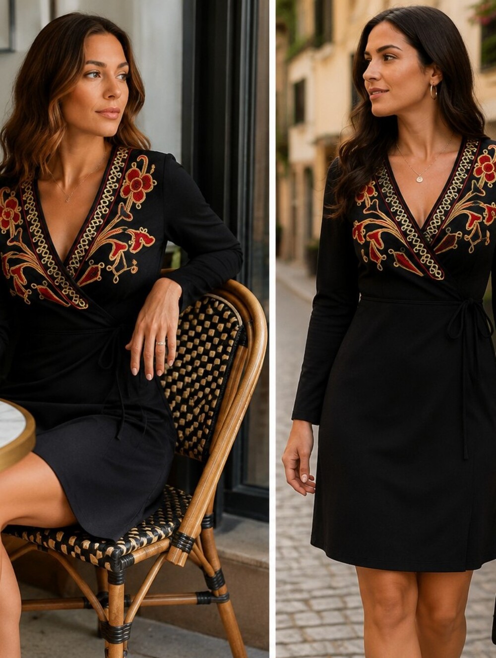 Vintage Carole Little Embroidered Knit Dress V Neck Wrap Bodice Boho